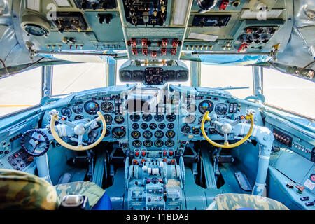Chkalovski , Moscow Region, Russia - August 12, 2018: Overview interrior pilot's cockpit of airplane IL-18. Stock Photo
