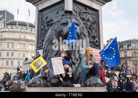 London, UK, 23rd March 2019. A million protestors march against Brexit and in support of a second referendum. Children demonstrate in Trafalgar Square Stock Photo