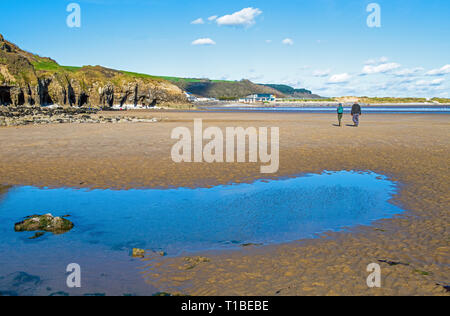 Looking east on Pendine Sands in Carmarthenshire on a bright and sunny day. This is very close to the county boundary with Pembrokeshire. Stock Photo