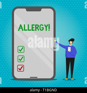 Text sign showing Allergy. Business photo text damages in immunity due to hypersensitivity get it diagnised Man Presenting Huge Blank Screen Smartphon Stock Photo