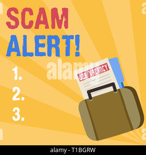 Writing note showing Scam Alert. Business concept for illegal trick usually with purpose of getting money from showing Announcement File for Employmen Stock Photo