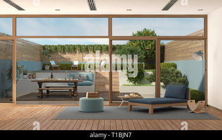 modern living room with sofa with old wooden table set in the garden - 3d rendering Stock Photo