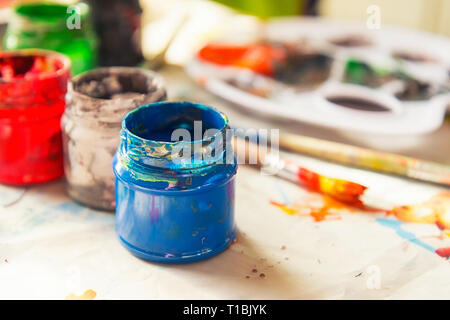 Paint and brushes. Kid art and craft concept. Stock Photo