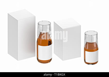 Bottles and measuring plastic cup with medical syrup on white background. 3D rendering Stock Photo