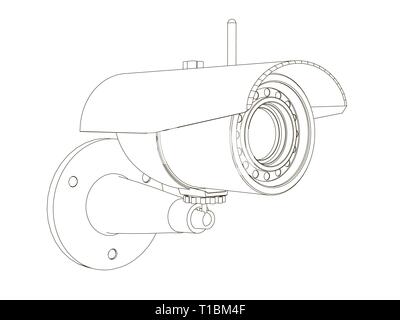 Contour of the surveillance camera. CCTV icon from black lines on white background. Isometric view. Vector illustration Stock Vector