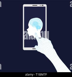 Background with a telephone and a polygonal hand pointing to the screen with the head of a man with brains. Vector illustration Stock Vector