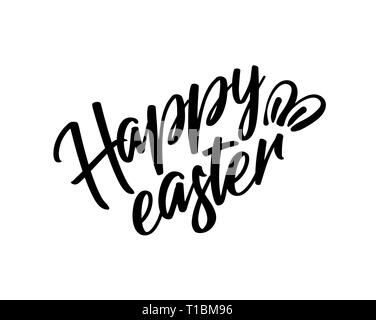 Happy easter black lettering, text with rabbit ears isolated, design for holiday greeting card or invitation, vector Stock Vector