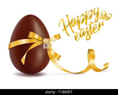 Happy easter card, chocolate egg with yellow ribbon decor, postcard with traditional dessert, tasty gift, vector Stock Vector