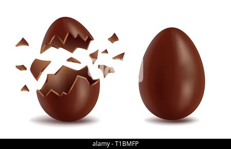 Realistic chocolate eggs set, broker, exploded and whole, sweet tasty eggshell, easter symbol, vector illustration isolated on white Stock Vector
