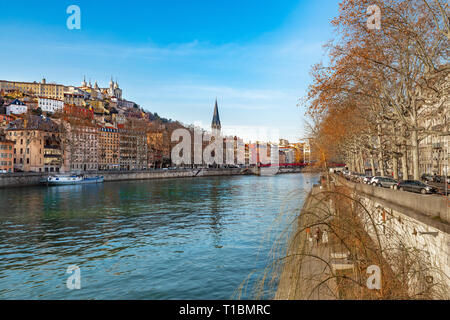 View of Fourvière hill, Old Lyon and the banks of the Saone River. Lyon. France Stock Photo