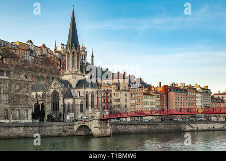 Paul Couturier's bridge and St. George's church on the Rhone river. Lyon, Auvergne-Rhône-Alpes region, France, Europe Stock Photo