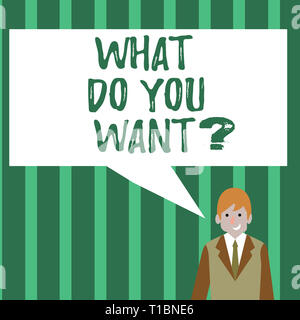Word writing text What Do You Want Question. Business photo showcasing say or write in order to ask demonstrating about something Businessman Smiling  Stock Photo