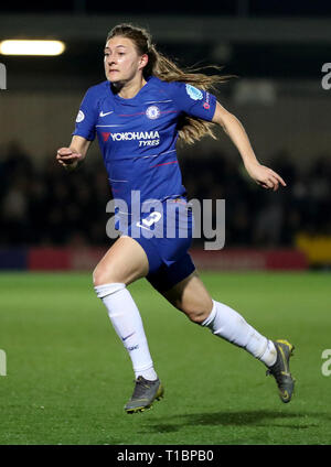 Chelsea Women's Hannah Blundell in action during the UEFA Women's Champions League quarter final first leg match at the Cherry Red Records Stadium, London. Stock Photo