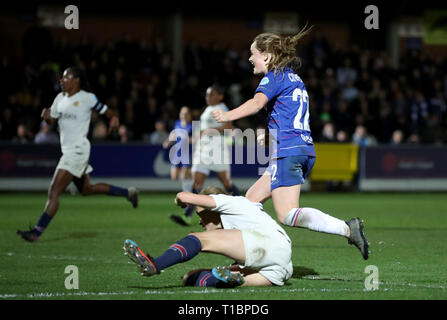 Chelsea Women's Erin Cuthbert celebrates after she scores to put her side 2-0 up during the UEFA Women's Champions League quarter final first leg match at the Cherry Red Records Stadium, London. Stock Photo