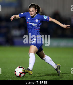 Chelsea Women's Hannah Blundell in action during the UEFA Women's Champions League quarter final first leg match at the Cherry Red Records Stadium, London. Stock Photo