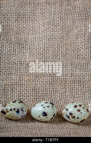 Three variegated quail eggs on the background of burlap. Close-up. At the top of the image there is a place for the inscription Stock Photo