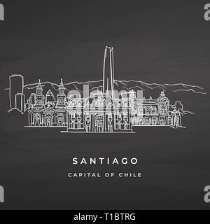 Santiago Chile famous buildings drawing on blackboard. Vector travel sketch. Stock Vector