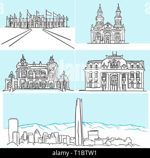 Santiago Chile famous architecture drawings by hand. Vector outline sketch. Stock Vector