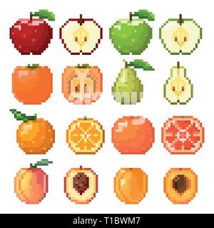 Pixel exotic fruits. Cartoon stylized fruit icons for 2D game, 8