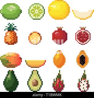 Pixel exotic fruits. Cartoon stylized fruit icons for 2D game, 8
