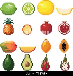 Collection of pixel exotic fruits Stock Vector