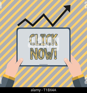 Writing note showing Click Now. Business concept for by pressing button on control device especially in computer Hand Holding Tablet under the Progres Stock Photo