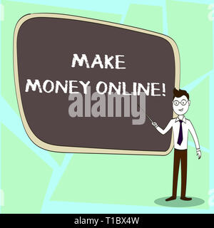 Writing note showing Make Money Online. Business concept for making profit using internet like freelancing or marketing Confident Man in Tie, Eyeglass Stock Photo