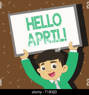 Text sign showing Hello April. Business photo text welcoming fourth month of year usually considered spring Young Smiling Student Raising Upward Blank Stock Photo