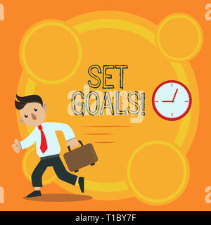 Writing note showing Set Goals. Business concept for process of identifying something that you want to accomplish Man Carrying Briefcase Walking Past  Stock Photo