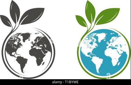 Green leafs and globe logo. Eco, natural, organic icon or symbol. Vector Stock Vector