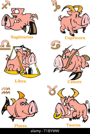 The illustration shows a set of zodiac signs Pisces, Taurus, Sagittarius, Cancer, Libra, Capricorn for the astrological horoscope in the new Chinese Stock Photo