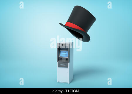 3d rendering of ATM and big black tophat floating in air above it on light blue background. Stock Photo