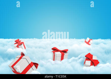 3d rendering of several gift boxes on a layer of white fluffy clouds with some copy space left in the sky. Stock Photo