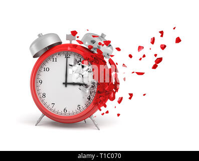 3d rendering of red alarm clock shattering into small pieces isolated on white background Stock Photo