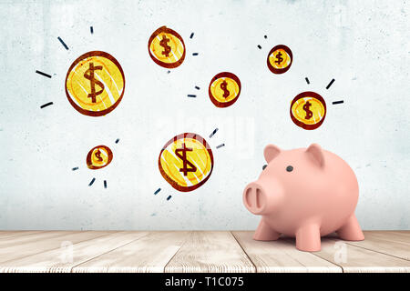3d rendering of pink piggy bank on white wooden floor with cartoon dollar coins on white wall background Stock Photo
