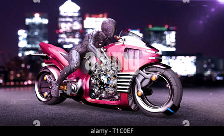 Biker girl with helmet riding a sci-fi bike, woman on red futuristic motorcycle in night city street, 3D rendering Stock Photo