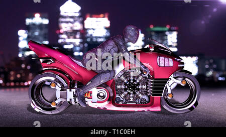 Biker girl with helmet riding a sci-fi bike, woman on red futuristic motorcycle in night city street, side view, 3D rendering Stock Photo