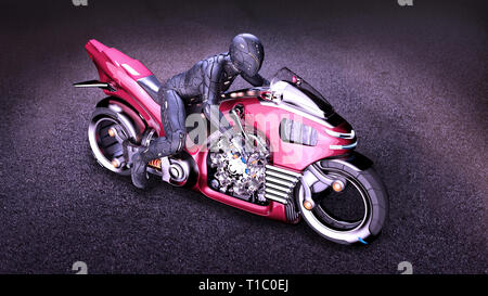 Biker girl with helmet riding a sci-fi bike, woman on red futuristic motorcycle in night city street, top view, 3D rendering Stock Photo