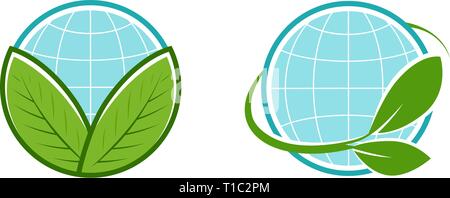 Green leafs and globe logo. Eco, natural, organic icon or symbol. Vector illustration Stock Vector