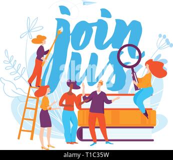 Vector join us concept business illustration with working people. Human research illustration. Stock Vector