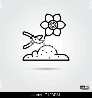 Cutting a flower with pruning shears line  icon. EPS 10 vector symbol. Stock Vector