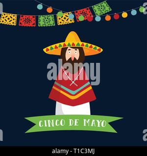 Cinco de Mayo greeting card, invitation. Mexican man with sombrero hat, poncho and ribbon banner, Party decoration, string of lights and handmade cut Stock Vector