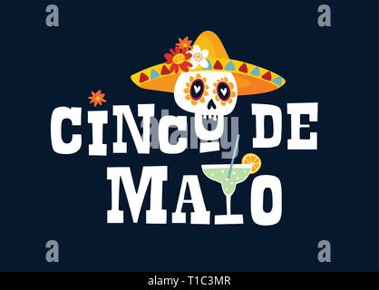 Mexican holiday Cinco de Mayo greeting card, invitation. Text, flowers and margarita drink cocktail illustration. Ornamental skull with sombrero hat Stock Vector