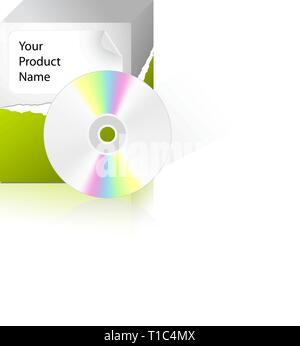 Partially unpacked box with some product (packed in green paper) and CD Stock Vector