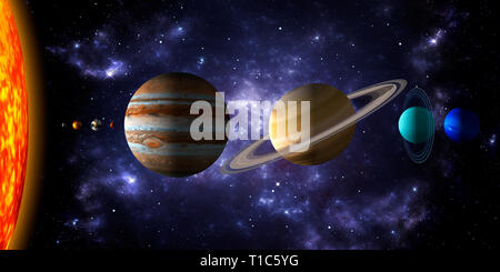 Sun and the eight planets of the solar system with deep space and dramatic nebula background.. Realistic 3d illustration of the rendering Stock Photo