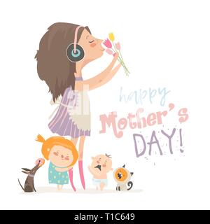 Calm mother with her crying children and pets Stock Vector