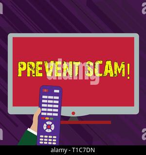 Conceptual hand writing showing Prevent Scam. Concept meaning Consumer protection fraudulent transactions Hand Holding Remote Control infront of Wide  Stock Photo