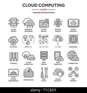 Cloud computing. Internet technology. Online services. Data, information security. Connection. Thin line blue web icon set. Outline icons collection Stock Vector