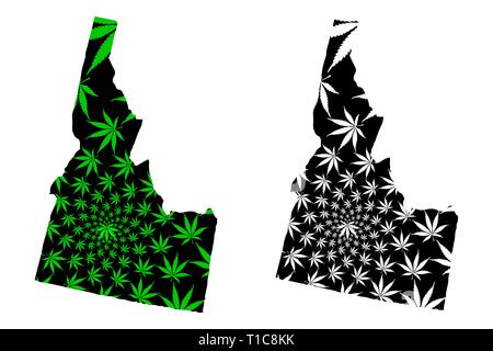 Idaho (United States of America, USA, U.S., US) -  map is designed cannabis leaf green and black, State of Idaho map made of marijuana (marihuana,THC) Stock Vector