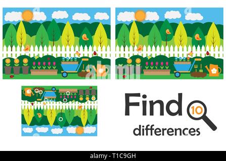 Find 10 differences, game for children, garden cartoon, education game for kids, preschool worksheet activity, task for the development of logical Stock Vector